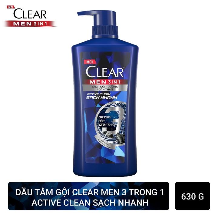 Dầu Tắm Gội CLEAR Men 3 in 1 Active Clean Sạch Nhanh 630g