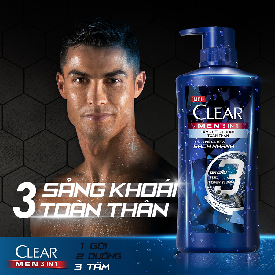 Dầu Tắm Gội CLEAR Men 3 in 1 Active Clean Sạch Nhanh 630g