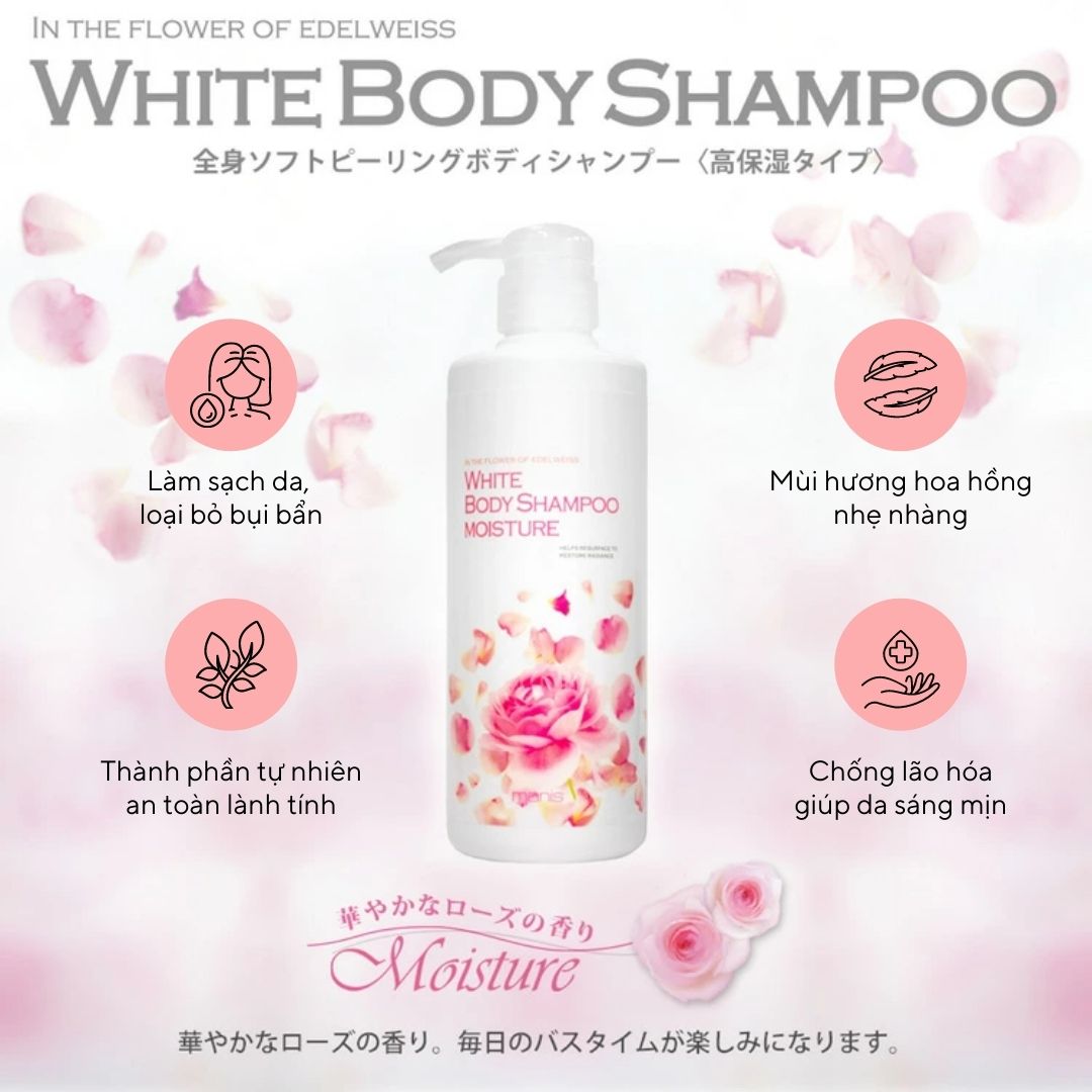 Sữa Tắm Manis White Body Shampoo Moisture Hoa Hồng Trắng Da 450ml