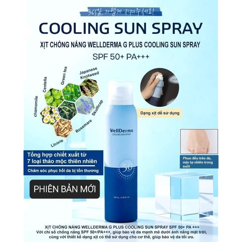 Xịt Chống Nắng Wellderma G PLus Cooling Sun Spray SPF 50 PA+++ 180ml
