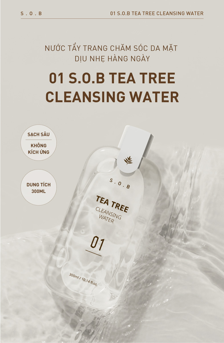 Nước Tẩy Trang S.O.B  Tea Tree Cleansing Water Làm Sạch Da, Giảm Mụn 300ml