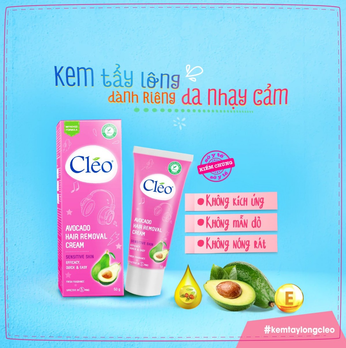 Kem Tẩy Lông Cléo Avocado Hair Removal Cream Sensitive Skin Màu Hồng 50g