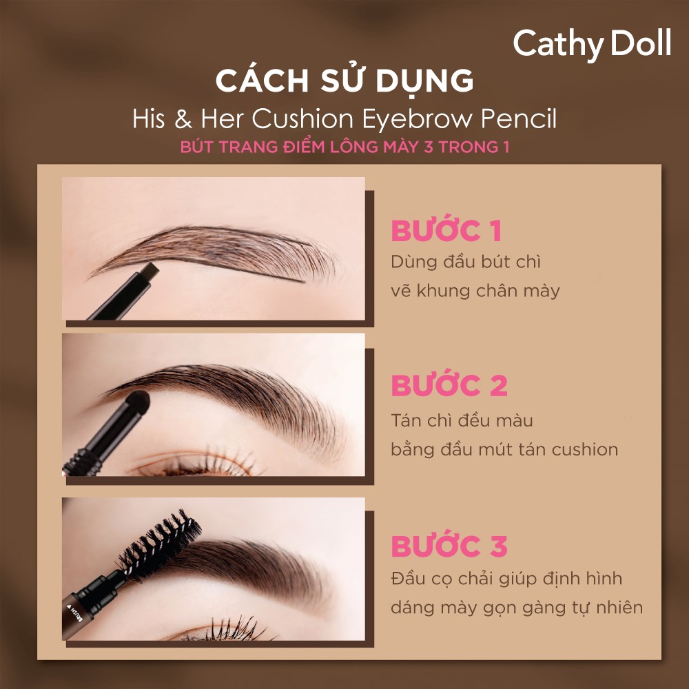 Chì Kẻ Mày Cathy Doll 3in1 His & Her Cushion Eyebrow Pencil #03 Ash Brown