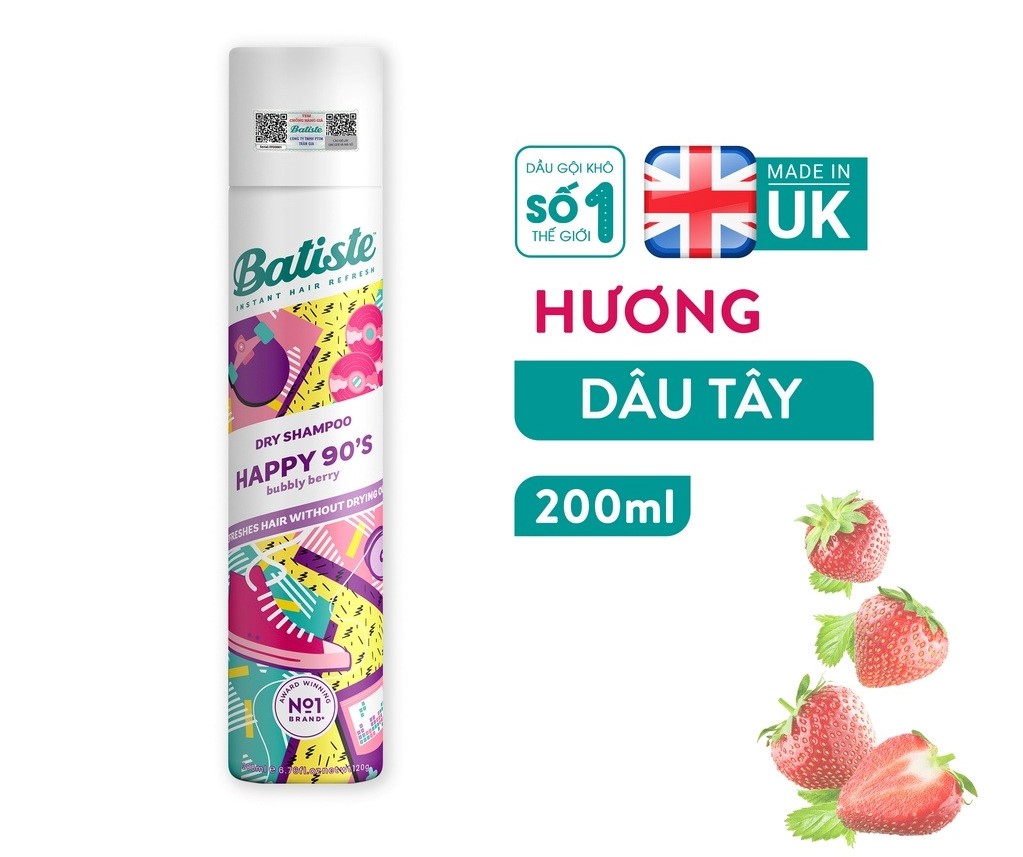Dầu Gội Khô Batiste Dry Shampoo Happy 90's Bubbly Berry 200ml