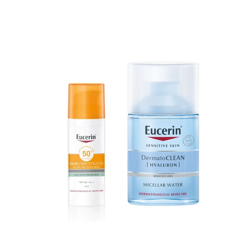 Bộ Sản Phẩm Eucerin Kem Chống Nắng Sun Dry Touch Acne Oil Control Giúp Kiềm Dầu Và Ngừa Mụn + Nước Tẩy Trang DermatoCLEAN Micellar Dành Cho Da Nhạy Cảm