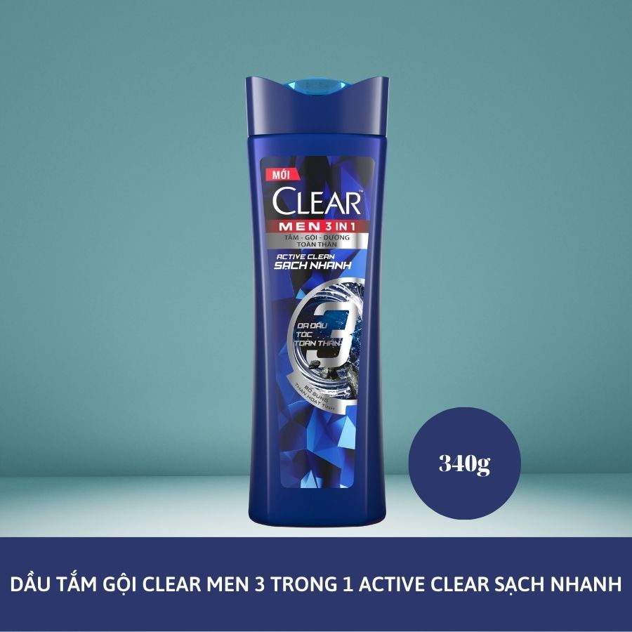 Dầu Tắm Gội CLEAR Men 3 in 1 Active Clean Sạch Nhanh 340g