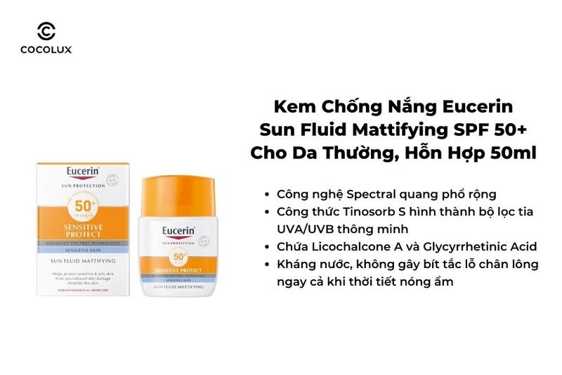 Kem Chống Nắng Eucerin Sun Fluid Mattifying SPF 50+ Cho Da Thường, Hỗn Hợp 50ml