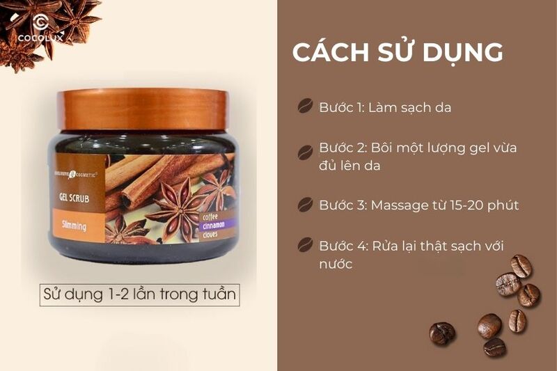 4 bước sử dụng&nbsp;tẩy tế b&agrave;o chết body quế hồi Exclusive Cosmetic Gel Scrub Slimming Coffee Cinnamon Cloves