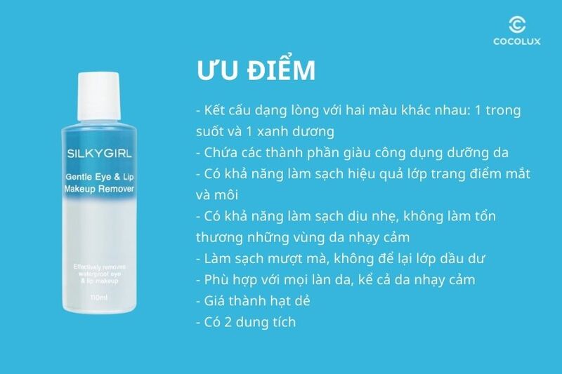 Ưu điểm của&nbsp;nước tẩy trang cho mắt v&agrave; m&ocirc;i Silkygirl Gentle Eye & Lip Makeup Remover