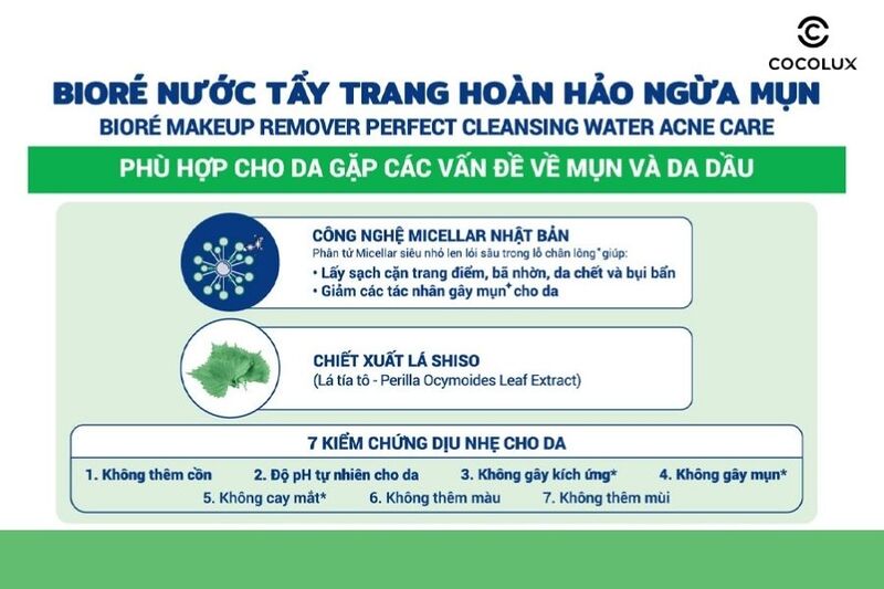 Các thành phần nổi bật trong công thức của nước tẩy trang Bioré Make Up Remover Perfect Cleansing Water Acne Care