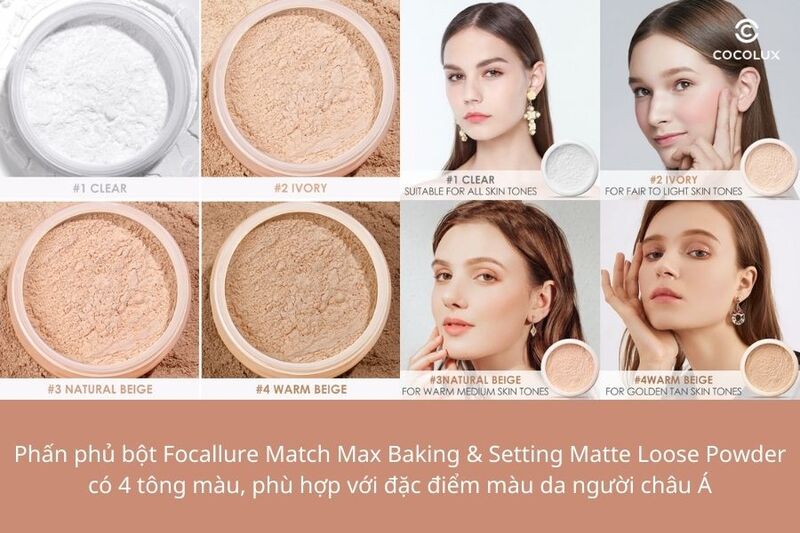 4 tông màu của phấn phủ bột Focallure Match Max Baking & Setting Matte Loose Powder