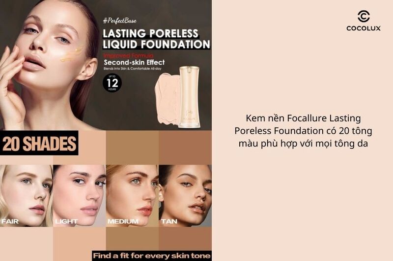 Kem nền Focallure Lasting Poreless Foundation gây ấn tượng với 20 tông màu khác nhau