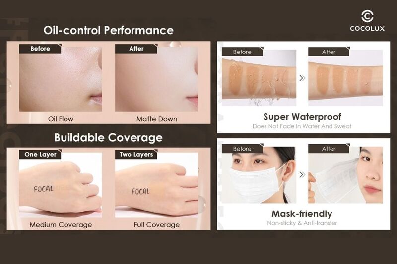 Kiểm tra khả năng che phủ, kiểm soát dầu, chống thấm nước và bám dính trên khẩu trang của kem nền Focallure Lasting Poreless Foundation