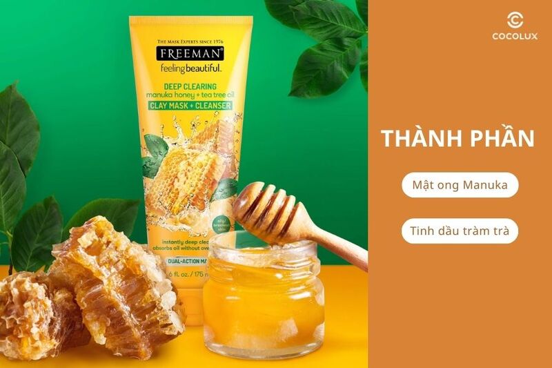 Thành phần của mặt nạ đất sét Freeman Deep Clearing Manuka Honey + Tea Tree Oil Clay Mask + Cleanser Mật Ong Manuka & Dầu Tràm Trà 175ml