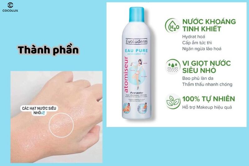 xịt khoáng evoluderm chứa các thành phần thân thiện với làn da