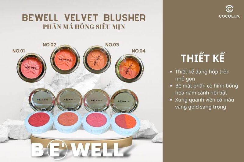 Thi&ecirc;́t k&ecirc;́ bao bì ph&acirc;́n má Be'Well Velvet Color Blusher