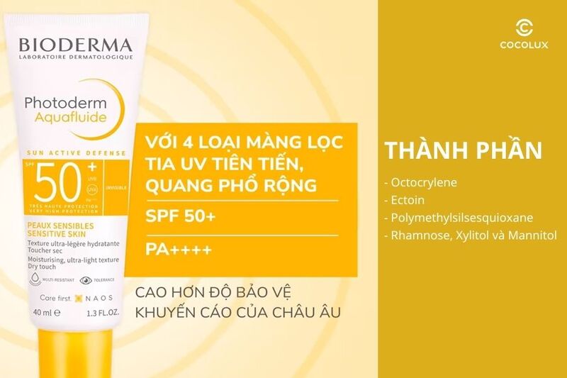 Các thành ph&acirc;̀n ti&ecirc;u bi&ecirc;̉u của&nbsp;kem ch&ocirc;́ng nắng Bioderma Photoderm Aquafluide SPF50+