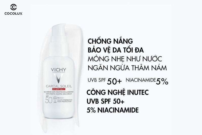 Gel Chống Nắng Vichy Capital Soleil UV Age Daily SPF 50 PA++++ c&oacute; th&agrave;nh phần ch&iacute;nh l&agrave; Niacinamide c&oacute; t&aacute;c dụng l&agrave;m dịu v&agrave; giảm vi&ecirc;m nhiễm cho da