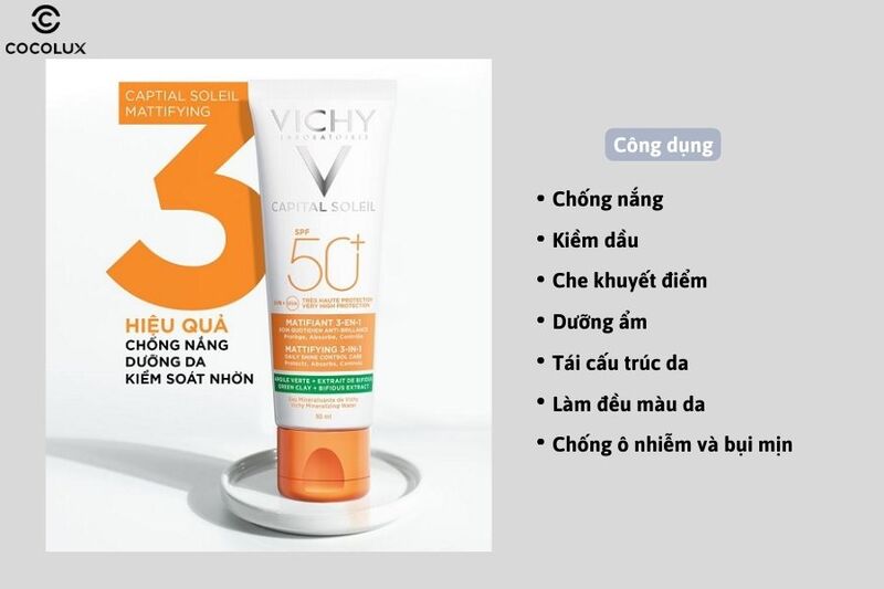 Công dụng chính của kem chống nắng Vichy Capital Soleil Mattifying 3in1 SPF 50+ dành cho da dầu mụn 50ml