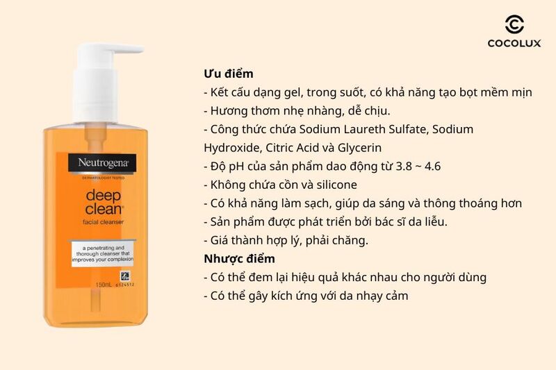 T&ocirc;̉ng k&ecirc;́t ưu đi&ecirc;̉m và nhược đi&ecirc;̉m của sữa rửa mặt Neutrogena Deep Clean Facial Cleanser