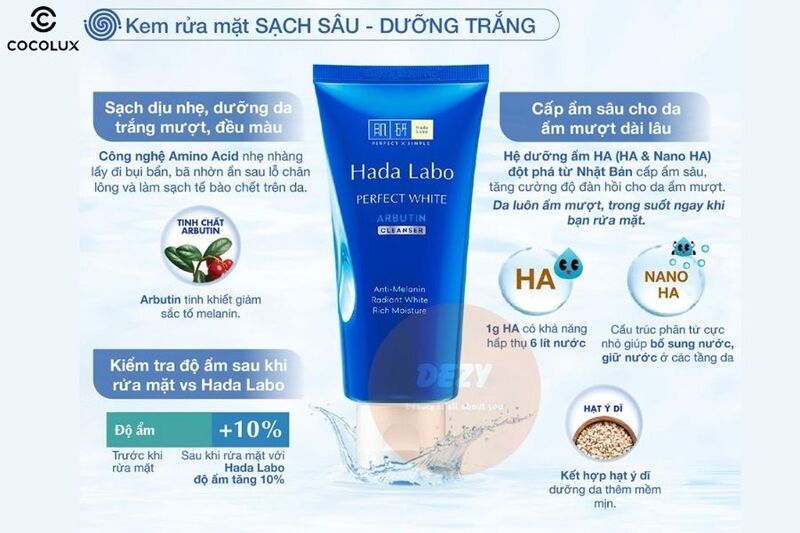 Công dụng của sữa rửa mặt Hada Labo Perfect White Arbutin Cleanser sạch sâu, dưỡng sáng da