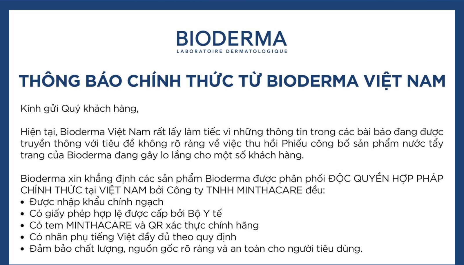 THÔNG BÁO CHÍNH THỨC VỀ THÔNG TIN THU HỒI PHIẾU CÔNG BỐ SẢN PHẨM BIODERMA