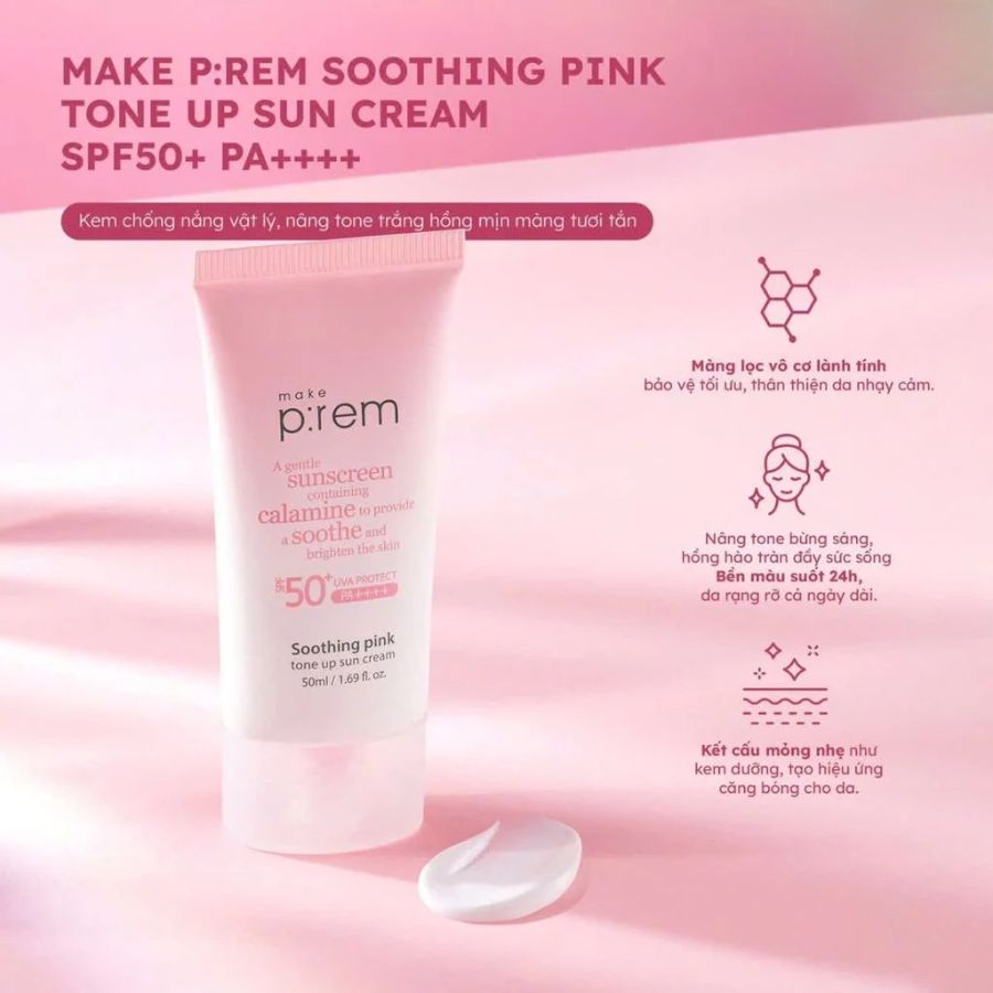 Kem Chống Nắng Make P:rem Soothing Pink Tone Up Sun Cream SPF50+ PA++++ Chống Nắng Vật Lý Nâng Tông