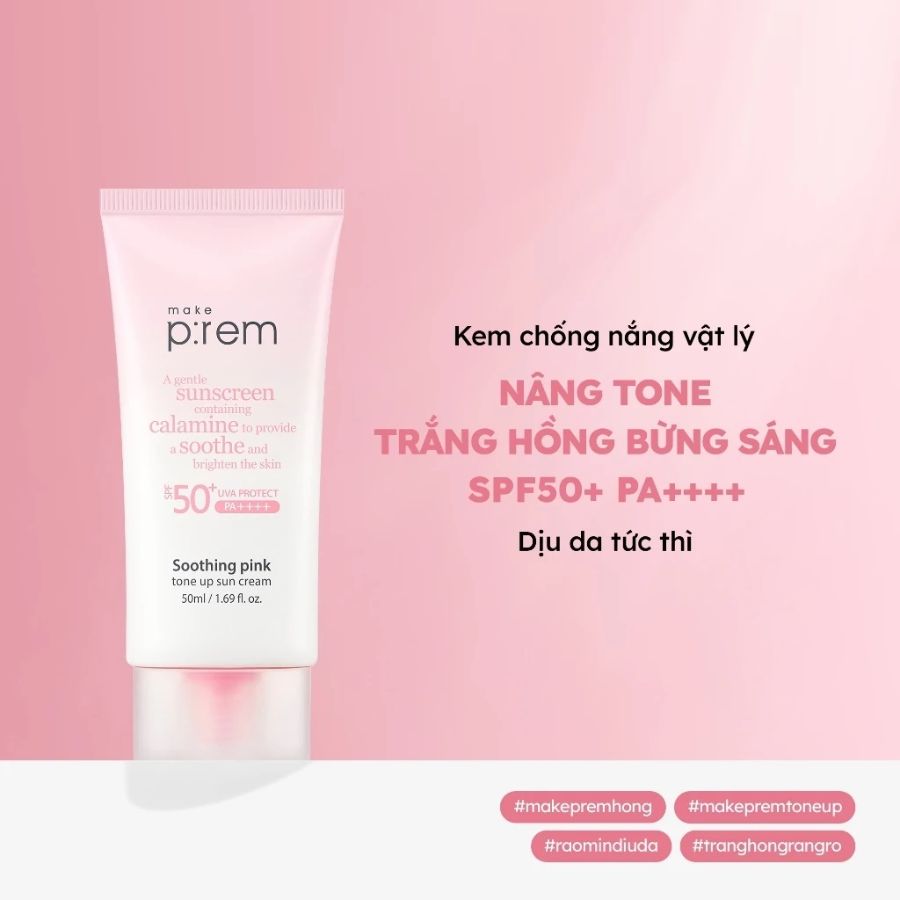 Kem Chống Nắng Make P:rem Soothing Pink Tone Up Sun Cream SPF50+ PA++++ Chống Nắng Vật Lý Nâng Tông