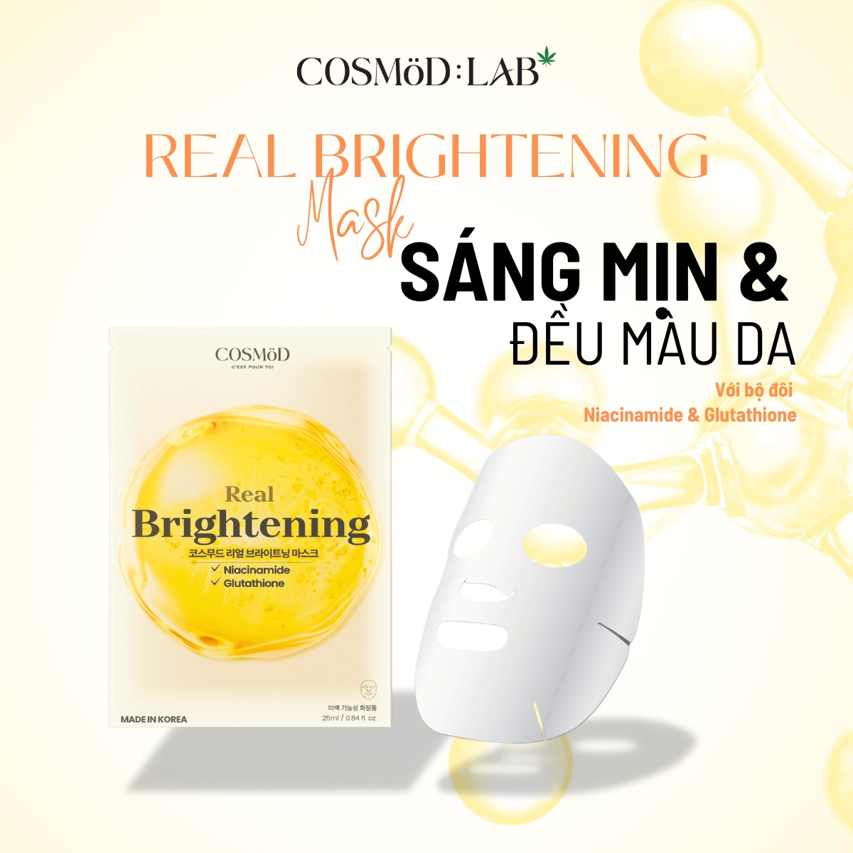 Mặt Nạ Cosmod Real Brightening Niacinamide Glutathione - Vàng