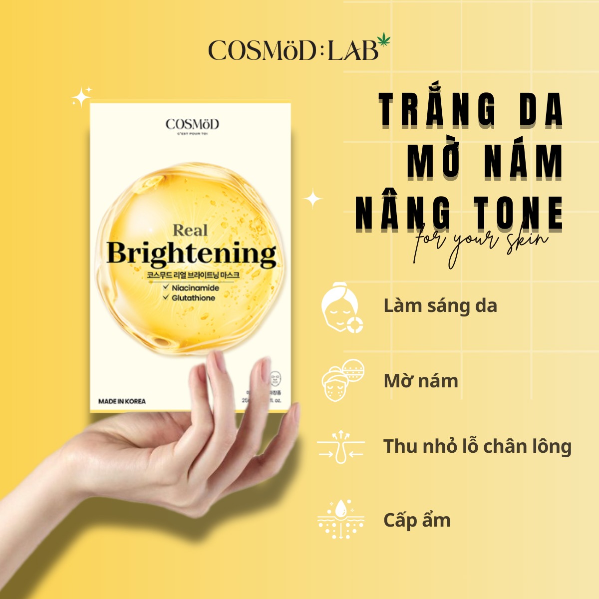 Mặt Nạ Cosmod Real Brightening Niacinamide Glutathione - Vàng