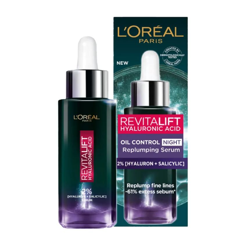 Serum L'Oreal Revitalift Hyaluronic Acid Oil Control Niacinamide 2% Kiềm Dầu Ban Đêm 30ml