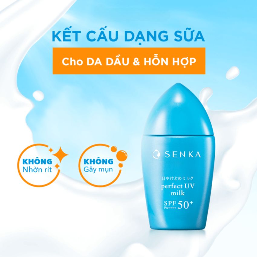 Sữa Chống Nắng Senka Perfect UV Milk SPF50+ PA++++ Kiềm Dầu, Mịn Lì Cho Da Dầu 40ml