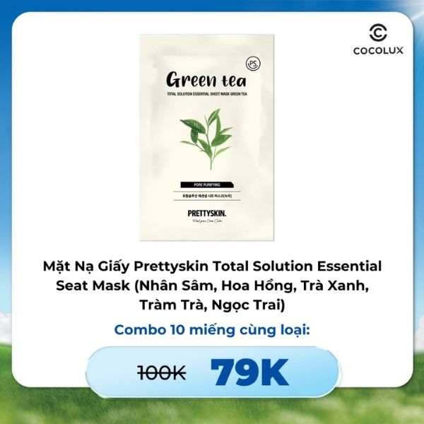 Mặt Nạ Giấy Prettyskin Total Solution Essential Seat Mask Green Tea - Trà Xanh