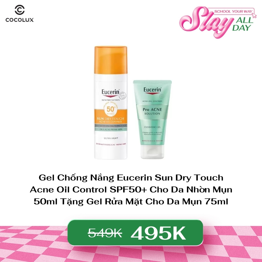 Gel Chống Nắng Eucerin Sun Dry Touch Acne Oil Control SPF50+ Cho Da Nhờn Mụn 50ml Tặng Gel Rửa Mặt Cho Da Mụn 75ml