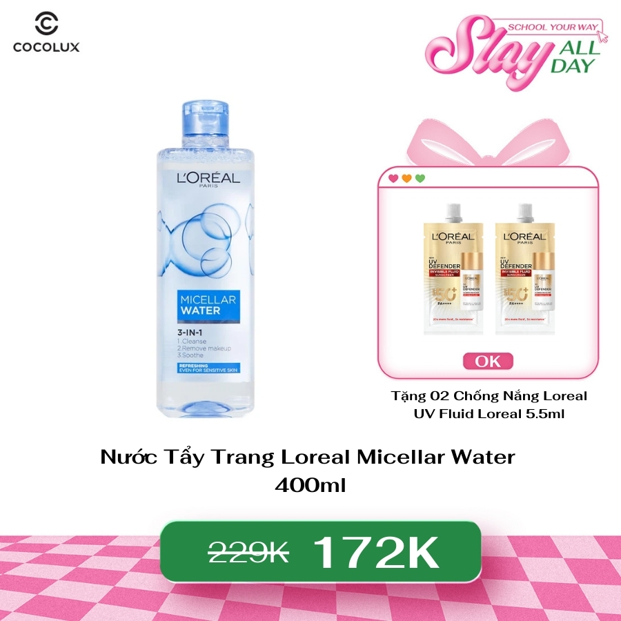 Nước Tẩy Trang L'Oreal Micellar Water Tươi Mát Cho Da Dầu Hỗn Hợp 400ml