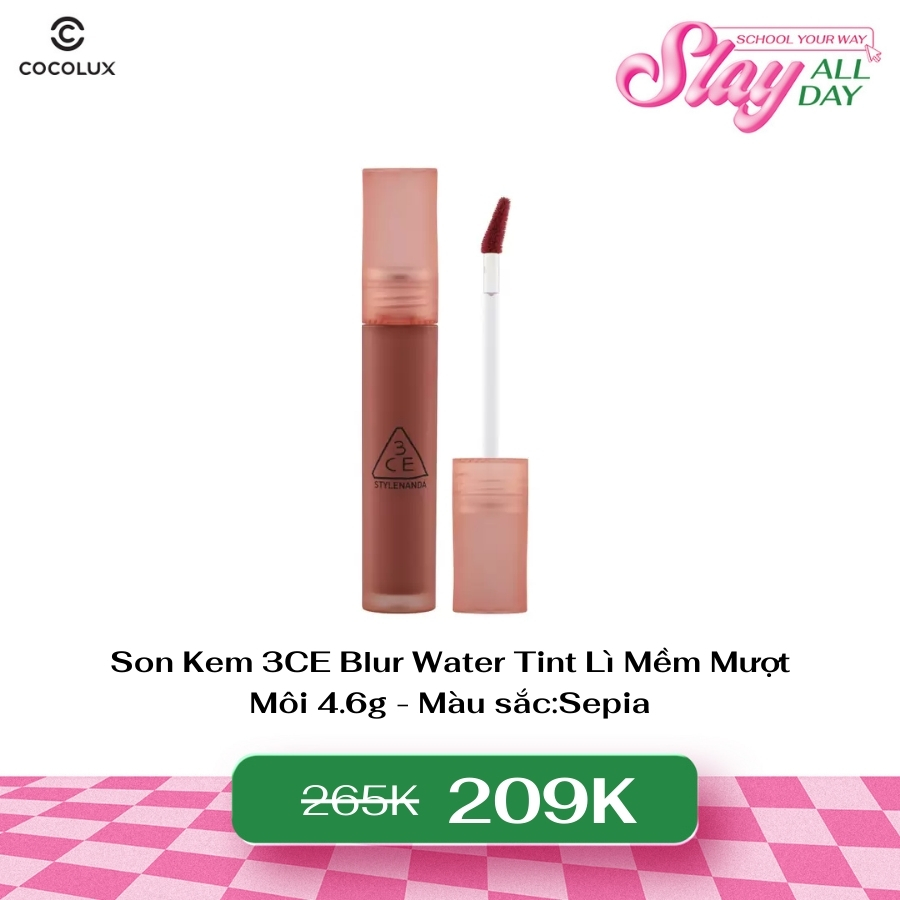 Son Kem 3CE Blur Water Tint Sepia Lì Mềm Mượt Môi 4.6g