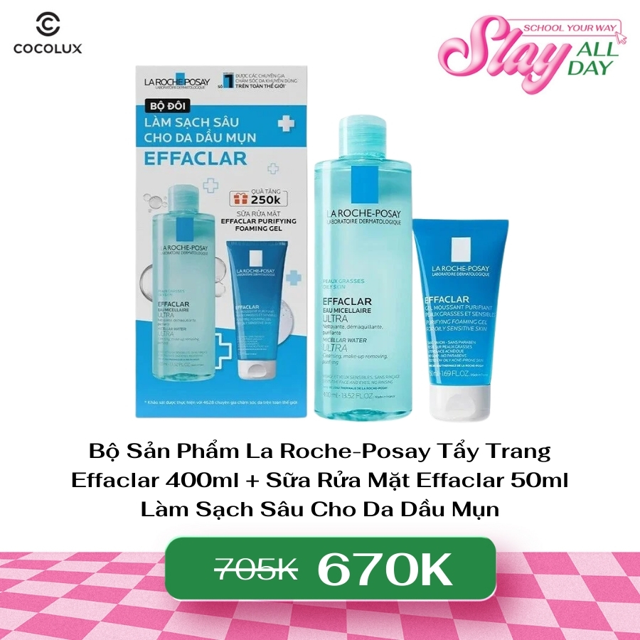 Bộ Sản Phẩm La Roche-Posay Tẩy Trang Effaclar 400ml + Sữa Rửa Mặt Effaclar 50ml Làm Sạch Sâu Cho Da Dầu Mụn