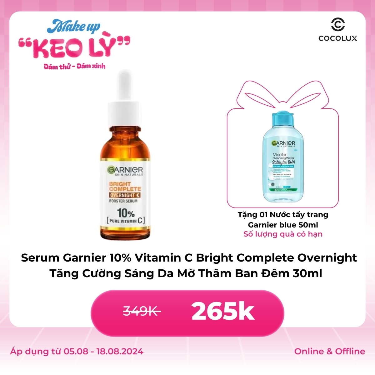 Serum Garnier 10% Vitamin C Bright Complete Overnight Tăng Cường Sáng Da Mờ Thâm Ban Đêm 30ml