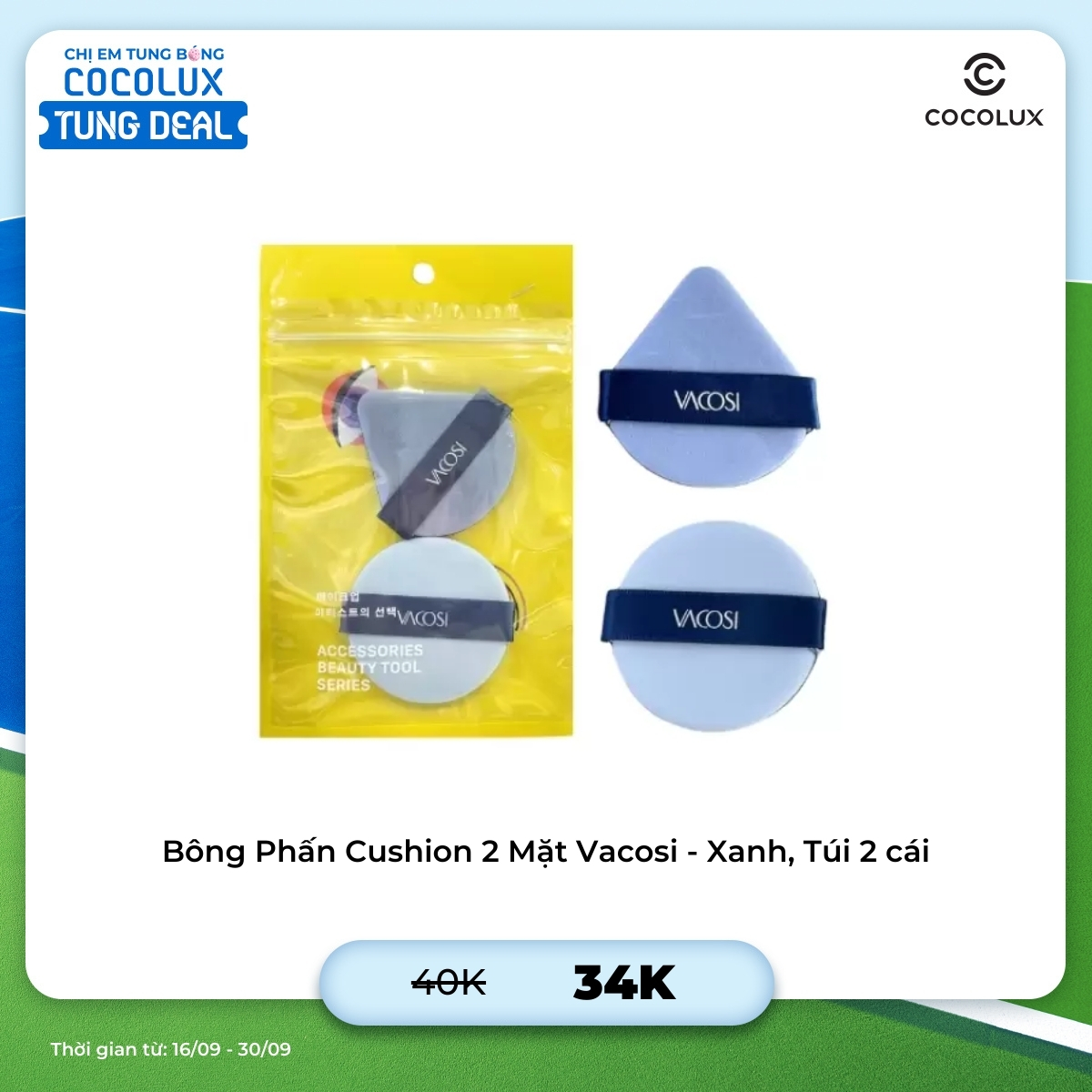 Bông Phấn Cushion 2 Mặt Vacosi - Xanh, Túi 2 cái