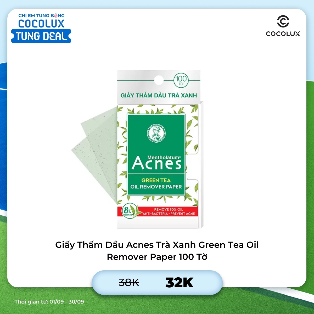 Giấy Thấm Dầu Acnes Trà Xanh Green Tea Oil Remover Paper 100 Tờ