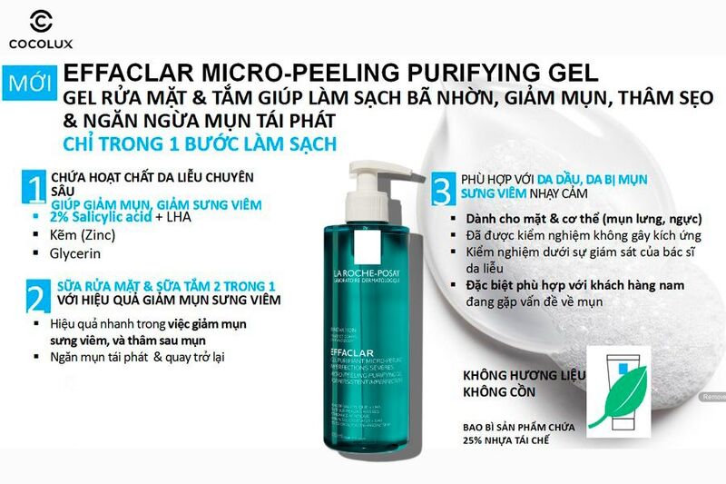 Ưu điểm nổi bật của Gel Rửa Mặt La Roche-Posay Effaclar Gel Purifying Micro-Peeling Giảm Mụn Cho Mặt, To&agrave;n Th&acirc;n