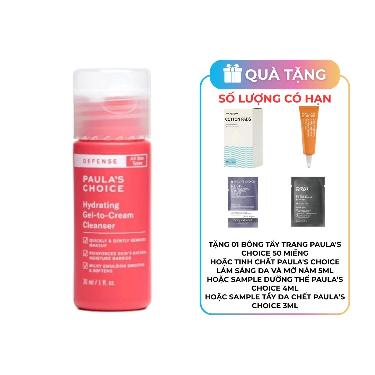 Gel Rửa Mặt Paula's Choice Hydrating Gel-To-Cream Làm Sạch Và Mềm Mịn Da 30ml