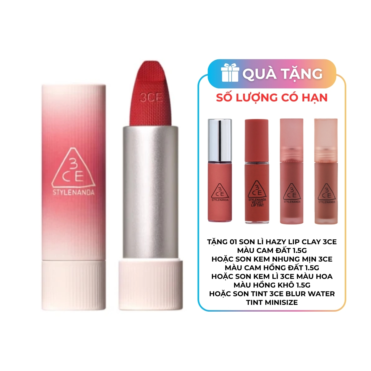 Son Thỏi 3CE Cashmere Hug Lipstick #08 Hush Red