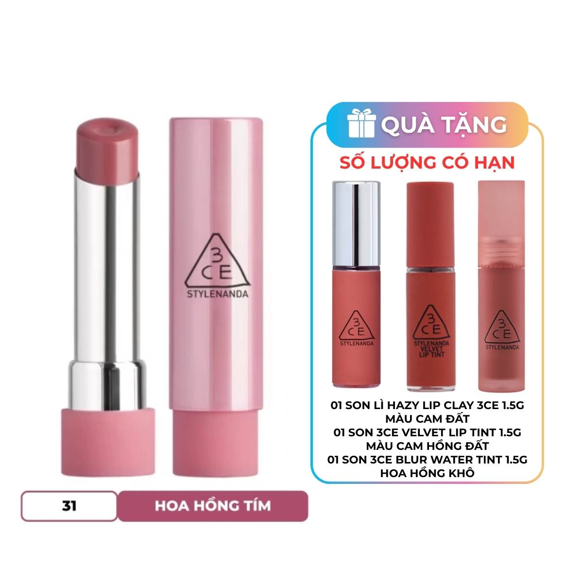 Son Dưỡng 3CE Glazy Lip Glow - 31 Lavender Cream