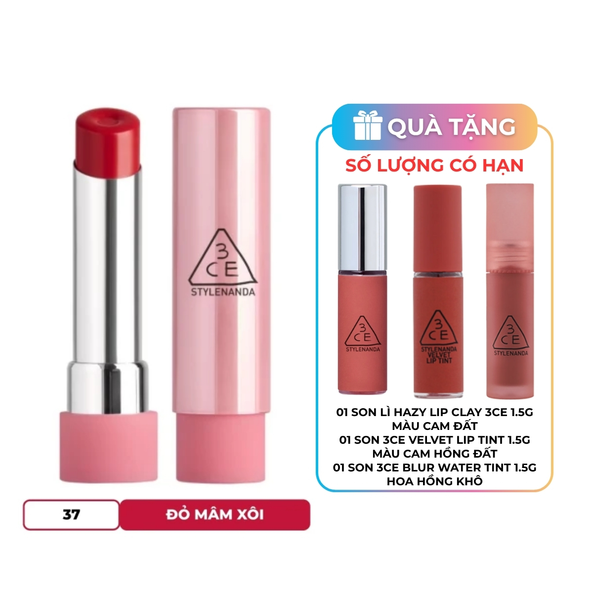 Son Dưỡng 3CE Glazy Lip Glow - 37 Raspberry Coated