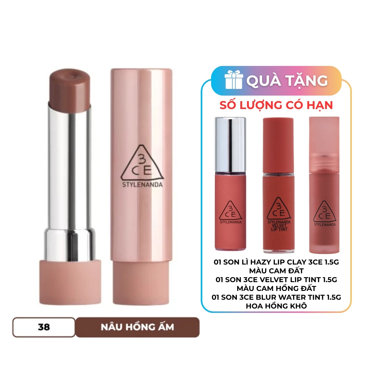 Son Dưỡng 3CE Glazy Lip Glow - 38 Salty Sweet