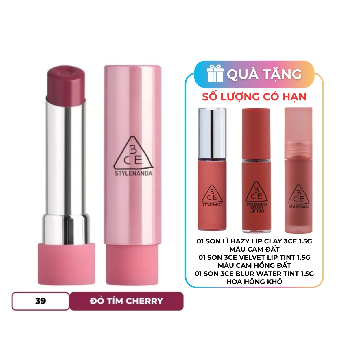Son Dưỡng 3CE Glazy Lip Glow - 39 Bouncy Cherry