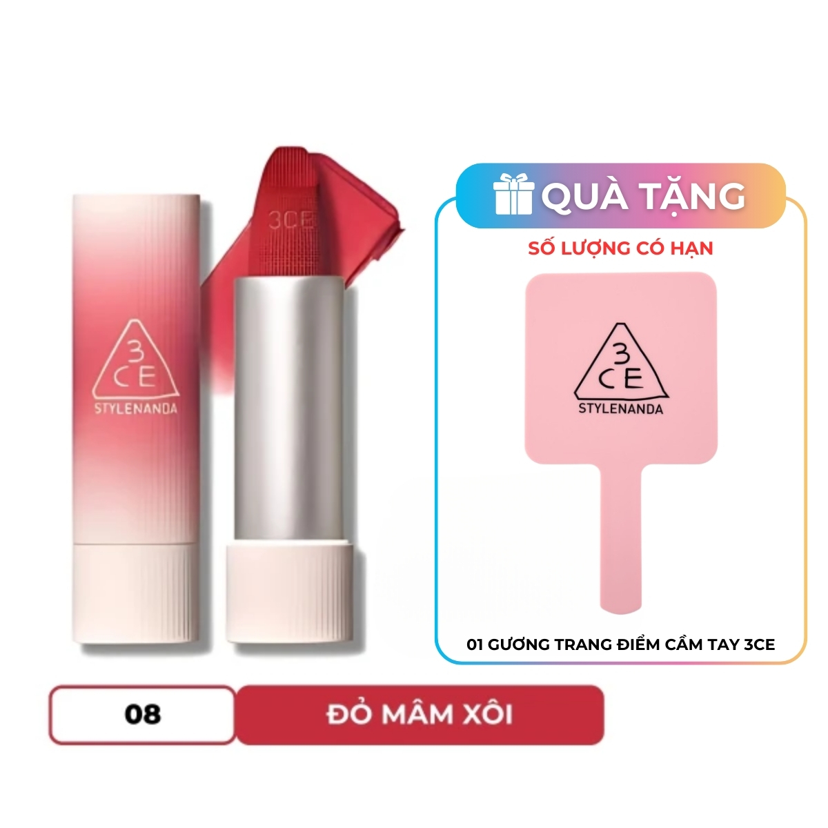 Son Thỏi 3CE Cashmere Hug Lipstick #08 Hush Red