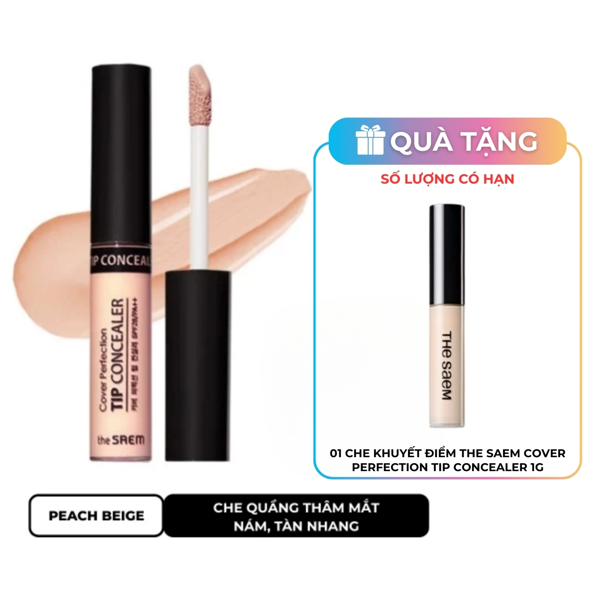 Che Khuyết Điểm The Saem Cover Perfection Tip Concealer SPF28/PA++ - Peach Beige (Che quầng thâm)