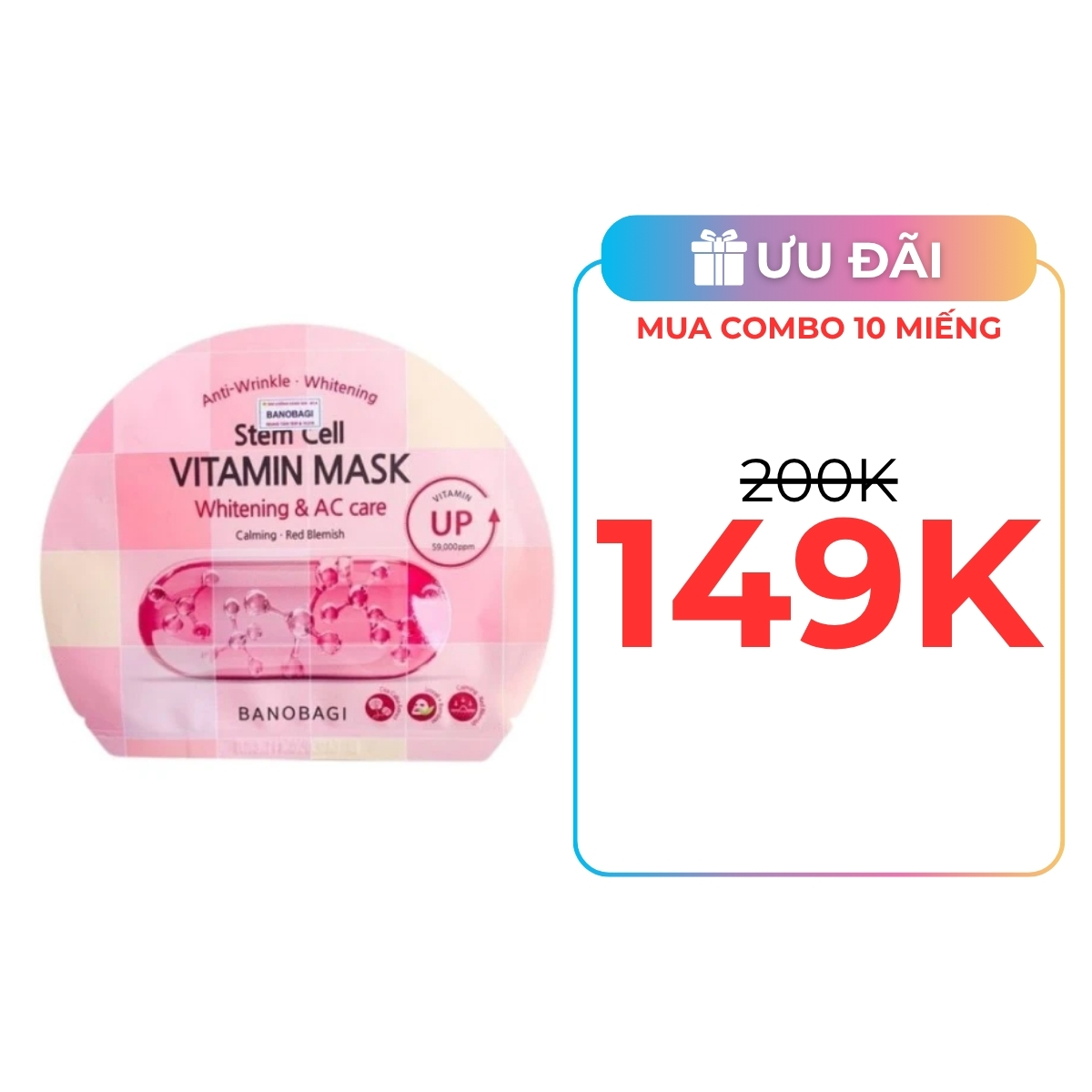 Mặt Nạ Banobagi Stem Cell Vitamin Mask Whitening & AC Care Dưỡng Sáng Và Chăm Sóc Da Mụn 30g (Hồng)